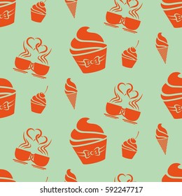 Pattern. Background texture. cakes, ice cream, coffee, croissant.
