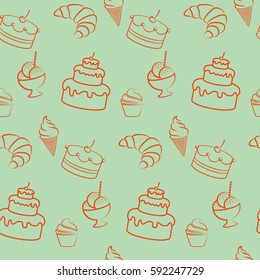 Pattern. Background texture. cakes, ice cream, coffee, croissant.