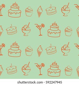 Pattern. Background texture. cakes, ice cream, coffee, croissant.