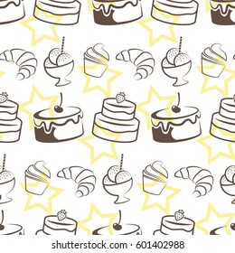 Pattern. Background texture. cakes, ice cream, coffee, croissant.