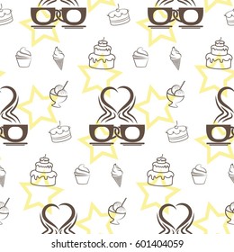 Pattern. Background texture. cakes, ice cream, coffee, croissant.