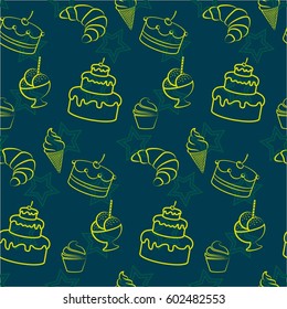 Pattern. Background texture. cakes, ice cream, coffee, croissant.