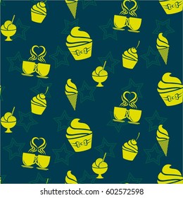 Pattern. Background texture. cakes, ice cream, coffee, croissant.