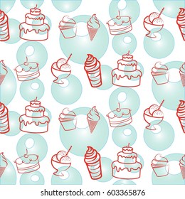 Pattern. Background texture. cakes, ice cream, coffee, croissant.