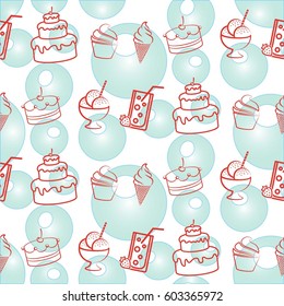 Pattern. Background texture. cakes, ice cream, coffee, croissant.
