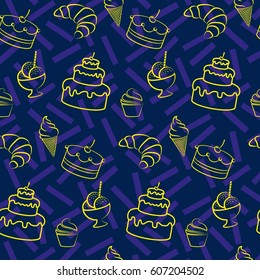 Pattern. Background texture. cakes, ice cream, coffee, croissant.