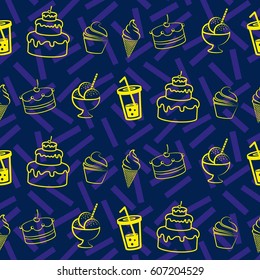 Pattern. Background texture. cakes, ice cream, coffee, croissant.