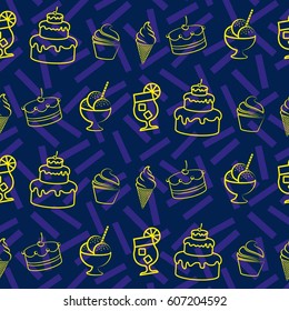 Pattern. Background texture. cakes, ice cream, coffee, croissant.