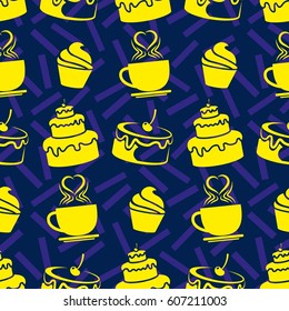 Pattern. Background texture. cakes, ice cream, coffee, croissant.