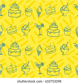 Pattern. Background texture. cakes, ice cream, coffee, croissant.