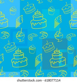 Pattern. Background texture. cakes, ice cream, coffee, croissant.