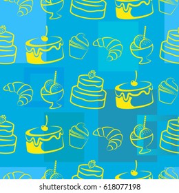 Pattern. Background texture. cakes, ice cream, coffee, croissant.