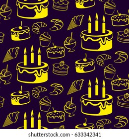 Pattern. Background texture. cakes, ice cream, coffee, croissant.