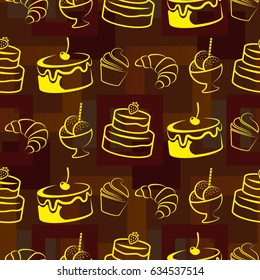 Pattern. Background texture. cakes, ice cream, coffee, croissant.