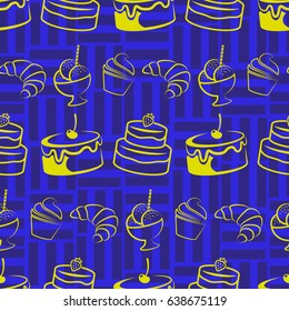 Pattern. Background texture. cakes, ice cream, coffee, croissant.