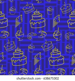 Pattern. Background texture. cakes, ice cream, coffee, croissant.