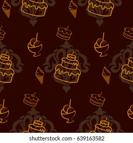 Pattern. Background texture. cakes, ice cream, coffee, croissant.