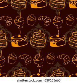 Pattern. Background texture. cakes, ice cream, coffee, croissant.