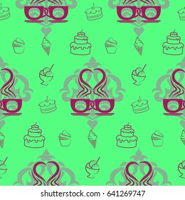 Pattern. Background texture. cakes, ice cream, coffee, croissant.
