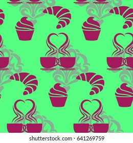 Pattern. Background texture. cakes, ice cream, coffee, croissant.