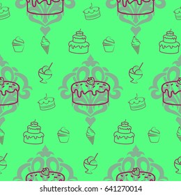 Pattern. Background texture. cakes, ice cream, coffee, croissant.