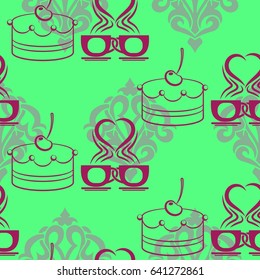 Pattern. Background texture. cakes, ice cream, coffee, croissant.