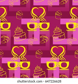 Pattern. Background texture. cakes, ice cream, coffee, croissant.