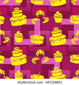 Pattern. Background texture. cakes, ice cream, coffee, croissant.