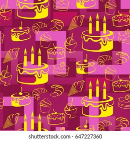 Pattern. Background texture. cakes, ice cream, coffee, croissant.