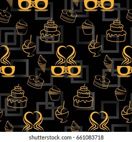 Pattern. Background texture. cakes, ice cream, coffee, croissant.