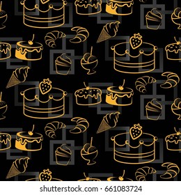 Pattern. Background texture. cakes, ice cream, coffee, croissant.