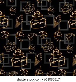 Pattern. Background texture. cakes, ice cream, coffee, croissant.