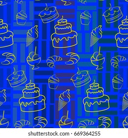 Pattern. Background texture. cakes, ice cream, coffee, croissant.