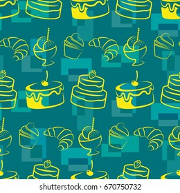 Pattern. Background texture. cakes, ice cream, coffee, croissant.