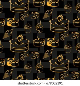 Pattern. Background texture. cakes, ice cream, coffee, croissant.