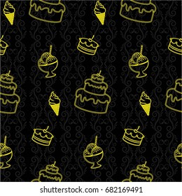 Pattern. Background texture. cakes, ice cream, coffee, croissant.