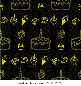 Pattern. Background texture. cakes, ice cream, coffee, croissant.