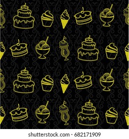 Pattern. Background texture. cakes, ice cream, coffee, croissant.