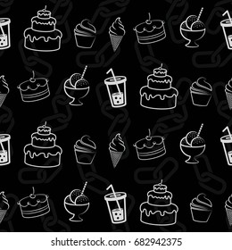 Pattern. Background texture. cakes, ice cream, coffee, croissant.