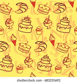 Pattern. Background texture. cakes, ice cream, coffee, croissant.