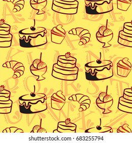 Pattern. Background texture. cakes, ice cream, coffee, croissant.
