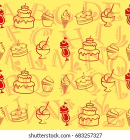 Pattern. Background texture. cakes, ice cream, coffee, croissant.