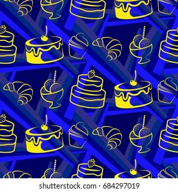 Pattern. Background texture. cakes, ice cream, coffee, croissant.