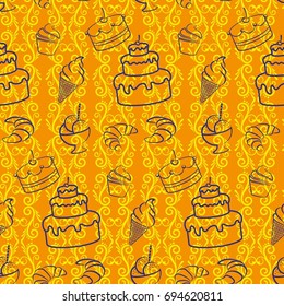 Pattern. Background texture. cakes, ice cream, coffee, croissant.