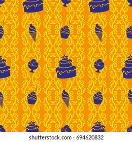 Pattern. Background texture. cakes, ice cream, coffee, croissant.