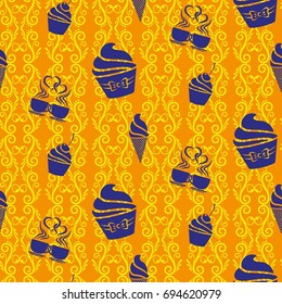 Pattern. Background texture. cakes, ice cream, coffee, croissant.