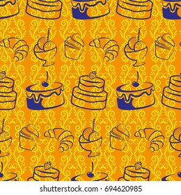 Pattern. Background texture. cakes, ice cream, coffee, croissant.
