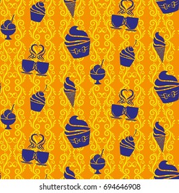 Pattern. Background texture. cakes, ice cream, coffee.