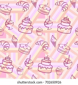Pattern. Background texture. cakes, ice cream, coffee, croissant.