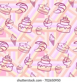 Pattern. Background texture. cakes, ice cream, coffee, croissant.